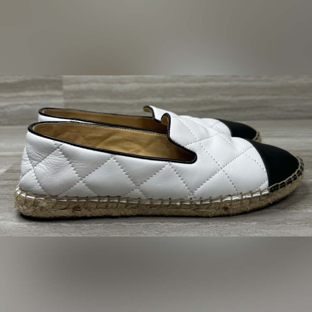 Talbots White Quilted Espadrille Flats with Black Cap Toe Trim